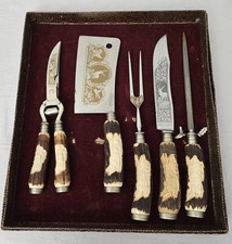 Vintage Solingen Germany 5 Piece Carving Set Stag Horn Antler Handles and Case picture