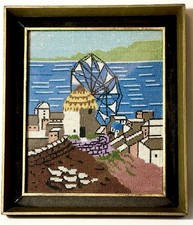 Vintage 1950’s Greece Mykonos Village Windmill Cross Stitch 8.5” X 9.75” picture