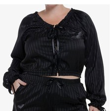 Cosmic Aura Goth Black Pinstripe Bat Lace Up Crop Lounge Blouse Women Large NWT picture