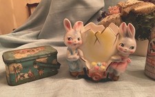 Vintage RB Japan Ceramic Egg Bunnies Planter~1950’s~1920’s Peter Rabbit TIN DECO picture