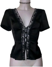 Y2k 90s Womens Victorian Black Mesh Lace Satin Top Sz S/M Whimsigoth Coquette  picture