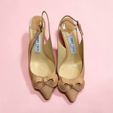 Jimmy Choo Beige Patent Leather Pointed Toe Slingback Bow Stiletto 6.5 picture