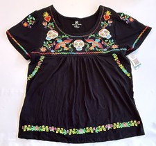 South Main XL Embroidered Blouse SUGAR SKULLS / DAY OF THE DEAD Black Cotton NWT picture