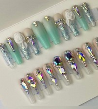 Long coffin press on nails rhinestones acrylic flowers glitter ombré nude custom picture