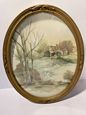 VTG HOMCO HOME INTERIORS SWAN ON LAKE OVAL SYROCO GOLD FRAME PICTURE 13