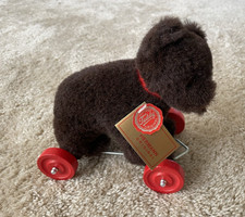Vintage Hermann Germany Plush Dark Brown Teddy Bear on Red Wheels With Tags 7