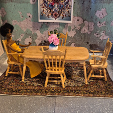 1:12 Dollhouse Dining Room Set Wood Brown Table 4 Chairs Vase Flowers 6pc Lot picture