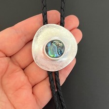 Vintage Silver Irregular Round Natural Abalone Shell Bolo Tie Western Necklace picture