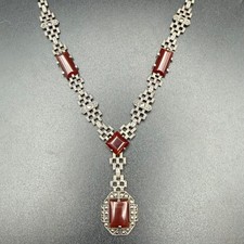 Vintage Sterling Silver Lavalier Necklace Red Carnelian Marcasite Art Deco 17in picture