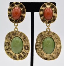 Vintage Cabochon Clip Earrings Antiqued Gold Burnt Rust Green Chunky 80s BinA13 picture