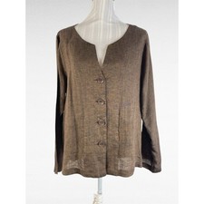 Flax Brown Button Front Long Sleeve Boxy Lagenlook Shirt Top Size Medium picture