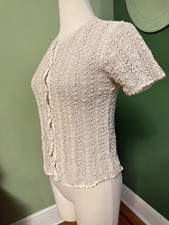 Vtg Hand Knit Natural Ecru white 100% cotton short sleeve Crochet cardigan S picture