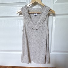 CAbi Womens M Beige/Black Polka Dot Ruffle V-Neck Sleeveless Blouse picture