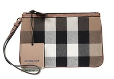 NEW BURBERRY TAUPE BROWN CHECK CANVAS COTTON WRISTLET POUCH BAG picture