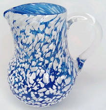 Vintage 1960s Pilgrim Hand Blown Blue & White Spatter Glass Pitcher Made In USA picture
