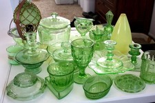 35 PIECES OF GREEN DEPRESSION GLASS, 31 GLOW BRIGHT. VASELINE URANIUM picture