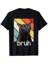 Bruh with Cat Funny Meme Saying T-Shirt for Boys - Soft Fabric, Breathable, Comf picture