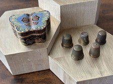 Vintage Antique Brass Sewing Thimble Lot (5) & Cloisonne Butterfly Box Set picture