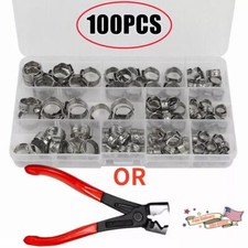100X Assorted Hose Clamp Stainless Steel Ear Cinch Rings Crimp Pinch Set/ Pliers picture