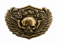 Vintage Silver Skull Belt Buckle With Wings And Roses Biker Gothic picture