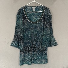 Catherines Maggie Barnes Blouse Womens 3X 26/28W Green Floral 3/4 Sleeve Beaded picture