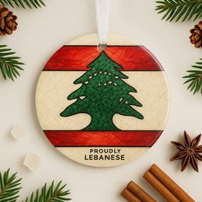 Lebanon Flag Ceramic Christmas Ornament 3 Round Lebanese Cedar Tree Holiday Gift picture