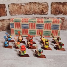 Vintage Erzgebirge Wooden Bird Place Card Holders Set of 12 Made in Germany East picture