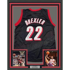 Framed Autographed/Signed Clyde Drexler 35x39 Portland Black Jersey PSA COA picture