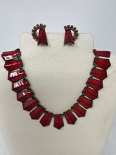 VINTAGE 1950s MATISSE RED ENAMEL/ COPPER NECKLACE WITH MATCHING CLIP-ON EARRINGS picture