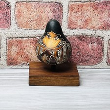 Vintage Peruvian Gourd Hand Painted Carved Women Horn Folk Art Story Wood Base picture