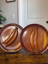 Vintage Hand Carved Wood Banana Wall Plaques Set of 2 MCM Tropical Kitchen 10” picture