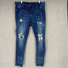 AMIRI MX1 Distressed Skinny Jeans Mens 38 Denim Black Leather Patch Button Fly picture
