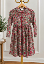 Rachel Riley Girls 10Y Floral Dress Red Green Peter Pan Collar Button Front EUC picture