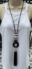 🆕 CHICO’S VINTAGE BOHO EMME TASSEL BLACK / SILVER CORD XL NECKLACE-**RARE**-NWT picture