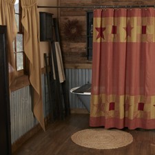 New Primitive Country Farmhouse Bath Burgundy Tan Nine Patch Star Shower Curtain picture