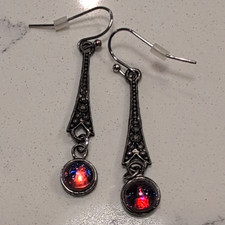 Dragon's Breath Silver Dangle Drop Earrings Round Red & Blue Cabochon Bezel Set picture