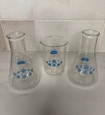 SET VTG 1977 Pyrex Butterfly Gold Blue Corning Centennial Glass Erlenmeyer Flask picture