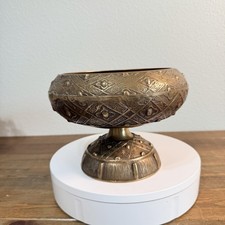 Vintage Large Brass Compote Pedestal Bowl Planter Engraved Pattern picture