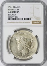 1921 $1 Peace Silver Dollar NGC AU Details Stained High Relief Key Date picture