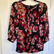 Madewell Floral Pleated Tie Back Blouse Red Black Sheer Balloon Sleeve K0211 XS picture