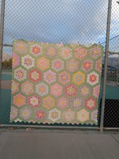 Vintage Grandmother’s Flower Garden Quilt 82x75 Hand Quilted Green Floral.  picture
