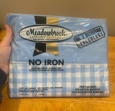 Vintage Blue Check Twin Flat Sheet Meadowbrook Luxury Muslin No Iron New picture
