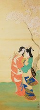 Original Japanese Hanging Scroll Kakejiku Cherry Blossom Geisha Kimono Silk Box picture