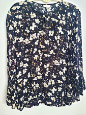 J. Jill Womens XL Black Floral Woven Rayon Round Neck Pleated Bell Sleeve Blouse picture