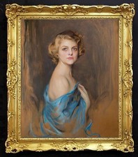Hand Painted Oil Painting Elegant Blonde Lady in Blue Dress Portrait Vintage picture
