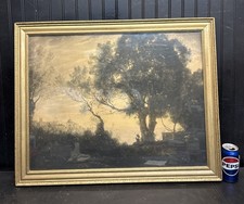 Vtg Italian European Landscape City Sheep Shepherd Resting Hill Tree Gold Frame picture