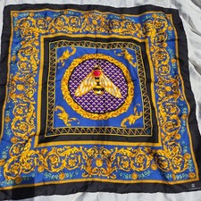 Vintage Charmelle Queen Bee Silk Scarf Rolled Hem Blue Gold Black picture