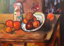 Still Life, Expressionism Fruit Bowl and Whine Painting ONE of a Kind Art Signed picture