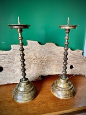 Antique 1700s/1800s Pricket Candlestick Pair - Baluster Stem Primitive Lighting picture