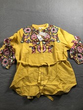 Boden Blouse Womens 12P Yellow Floral Linen 3/4 Puff Sleeve Tunic Boho NWT picture